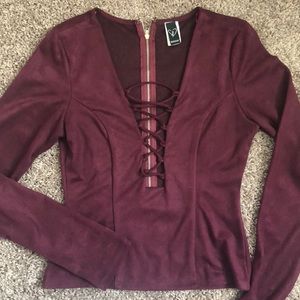 Faux suede lace up top